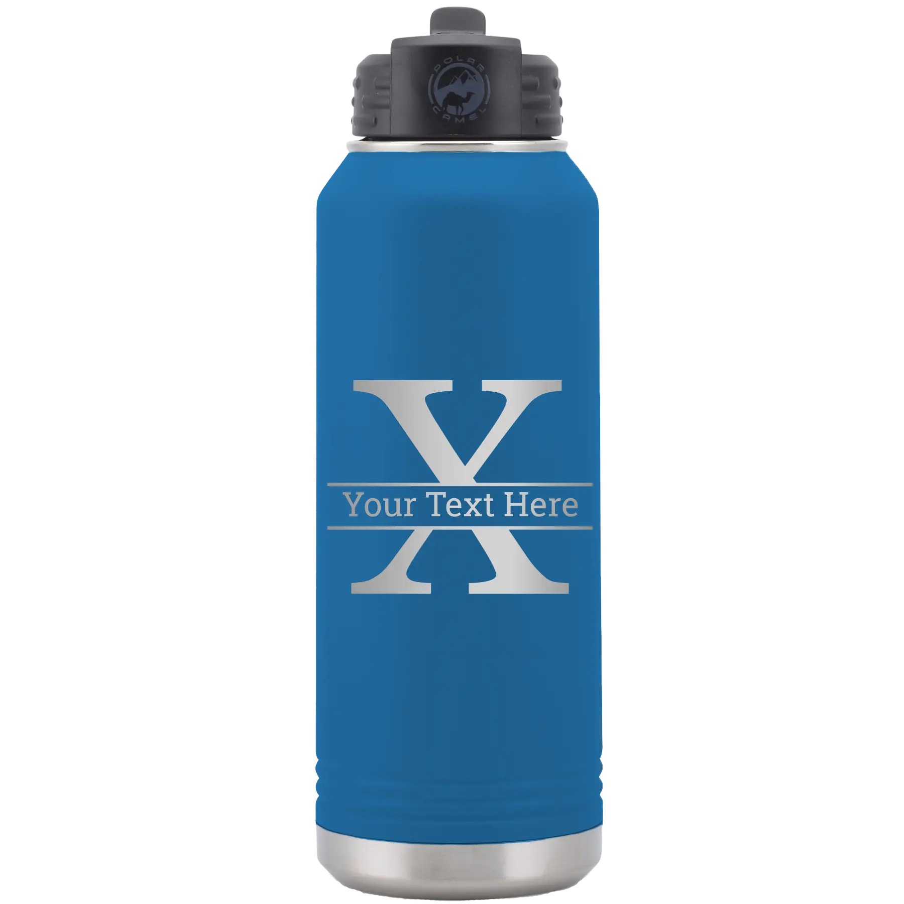 Personalized royal blue 32 oz vacuum insulated water bottle with 'Monogram letter X' design