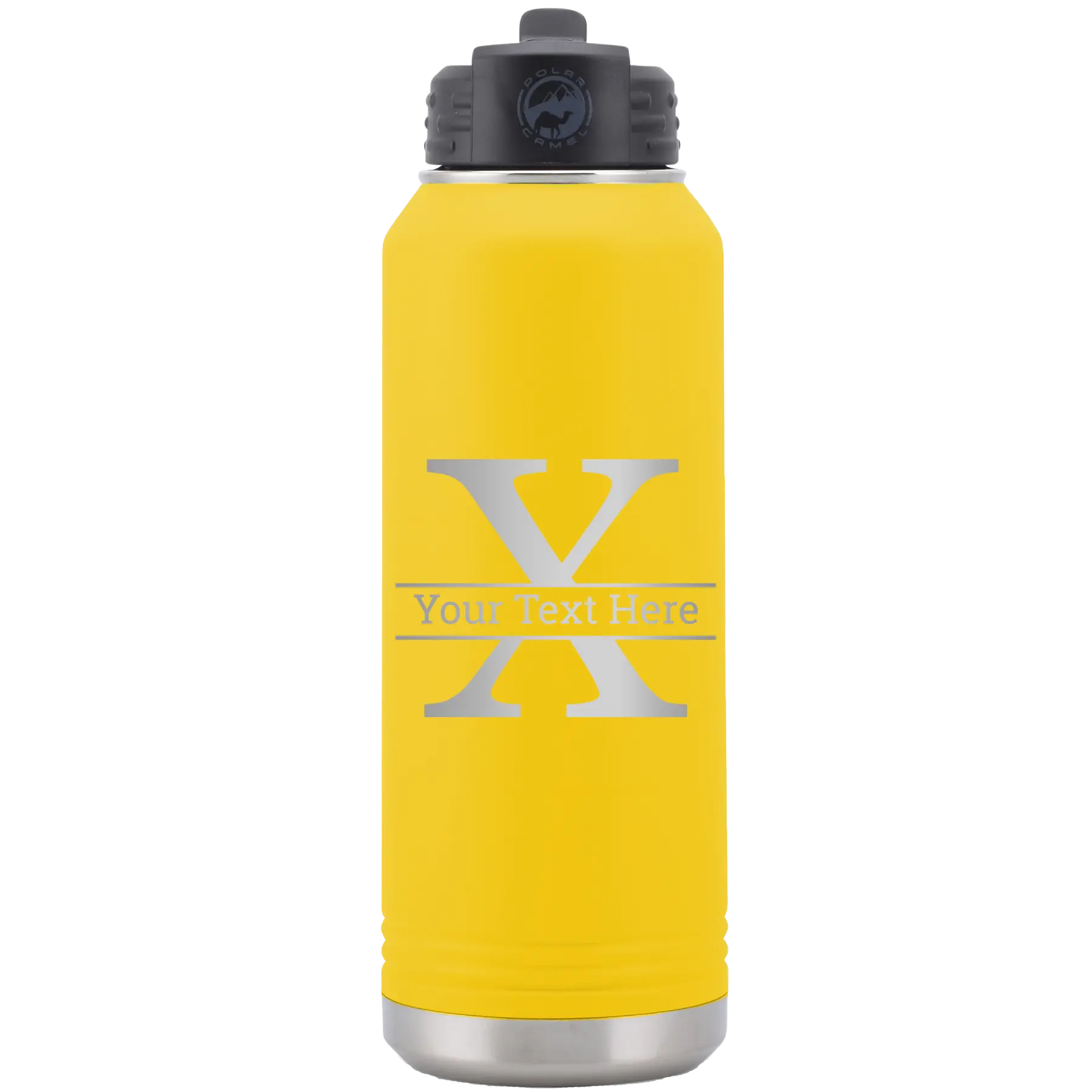 Personalized yellow 32 oz vacuum insulated water bottle with 'Monogram letter X' design