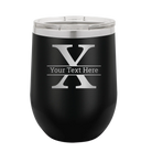 Personalized black 12 oz vacuum insulated wine cup with 'Monogram letter X' design