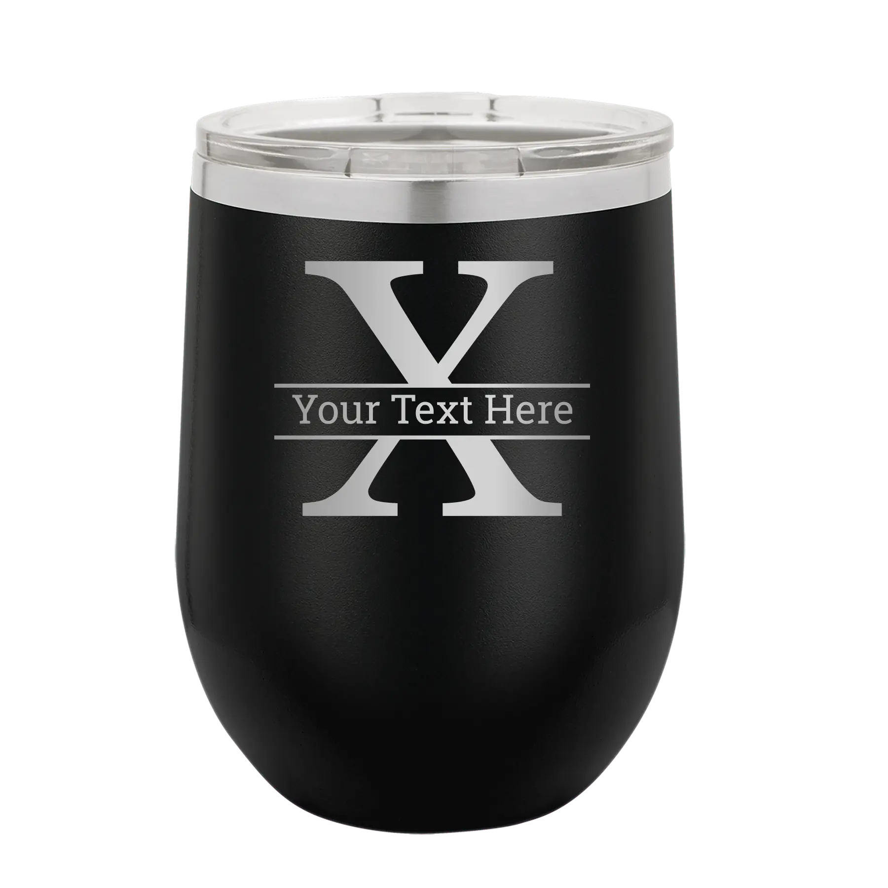 Personalized black 12 oz vacuum insulated wine cup with 'Monogram letter X' design