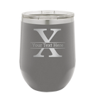 Personalized dark gray 12 oz vacuum insulated wine cup with 'Monogram letter X' design