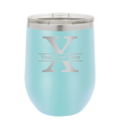 Personalized light blue 12 oz vacuum insulated wine cup with 'Monogram letter X' design