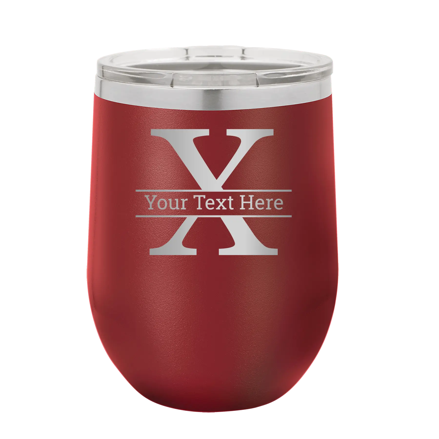Personalized maroon 12 oz vacuum insulated wine cup with 'Monogram letter X' design