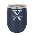 Personalized navy 12 oz vacuum insulated wine cup with 'Monogram letter X' design
