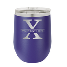 Personalized purple 12 oz vacuum insulated wine cup with 'Monogram letter X' design