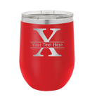 Personalized red 12 oz vacuum insulated wine cup with 'Monogram letter X' design