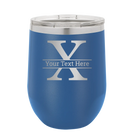 Personalized royal blue 12 oz vacuum insulated wine cup with 'Monogram letter X' design