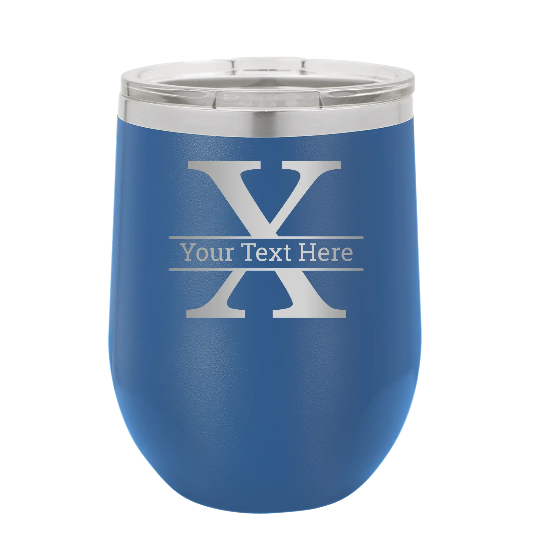 Personalized royal blue 12 oz vacuum insulated wine cup with 'Monogram letter X' design