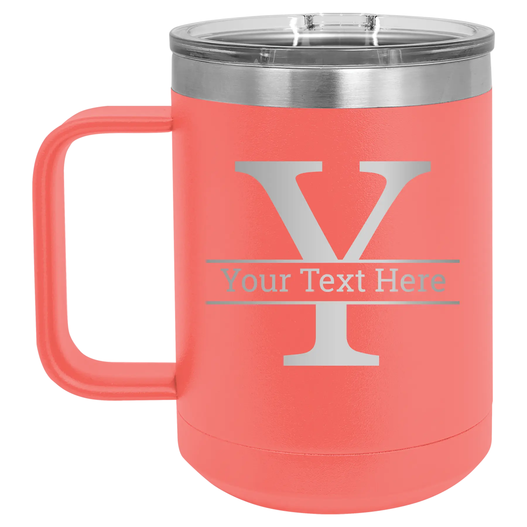 Personalized coral 15 oz vacuum insulated coffee mug with 'Monogram letter Y' design