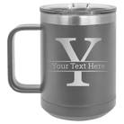 Personalized dark gray 15 oz vacuum insulated coffee mug with 'Monogram letter Y' design
