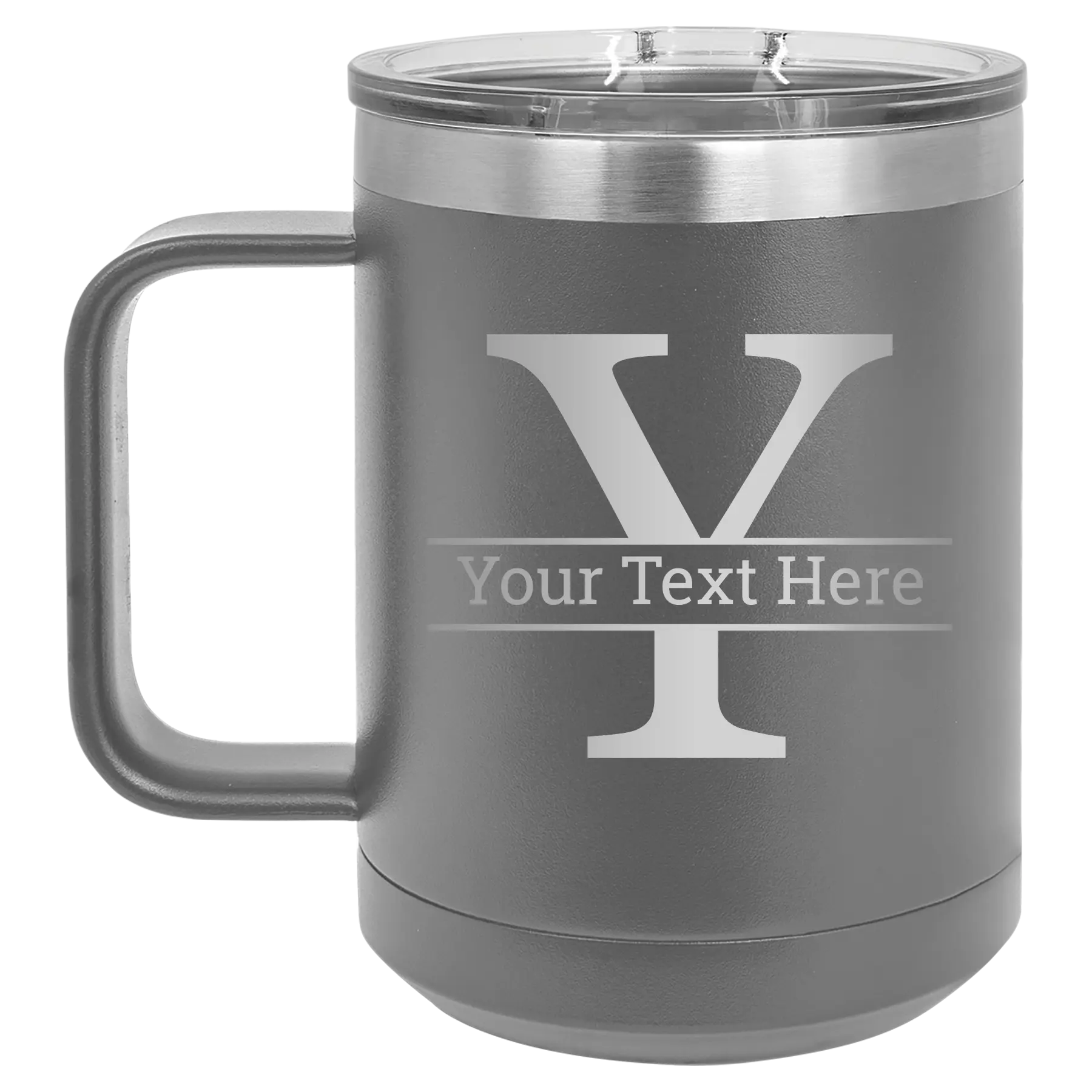 Personalized dark gray 15 oz vacuum insulated coffee mug with 'Monogram letter Y' design