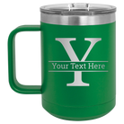 Personalized green 15 oz vacuum insulated coffee mug with 'Monogram letter Y' design