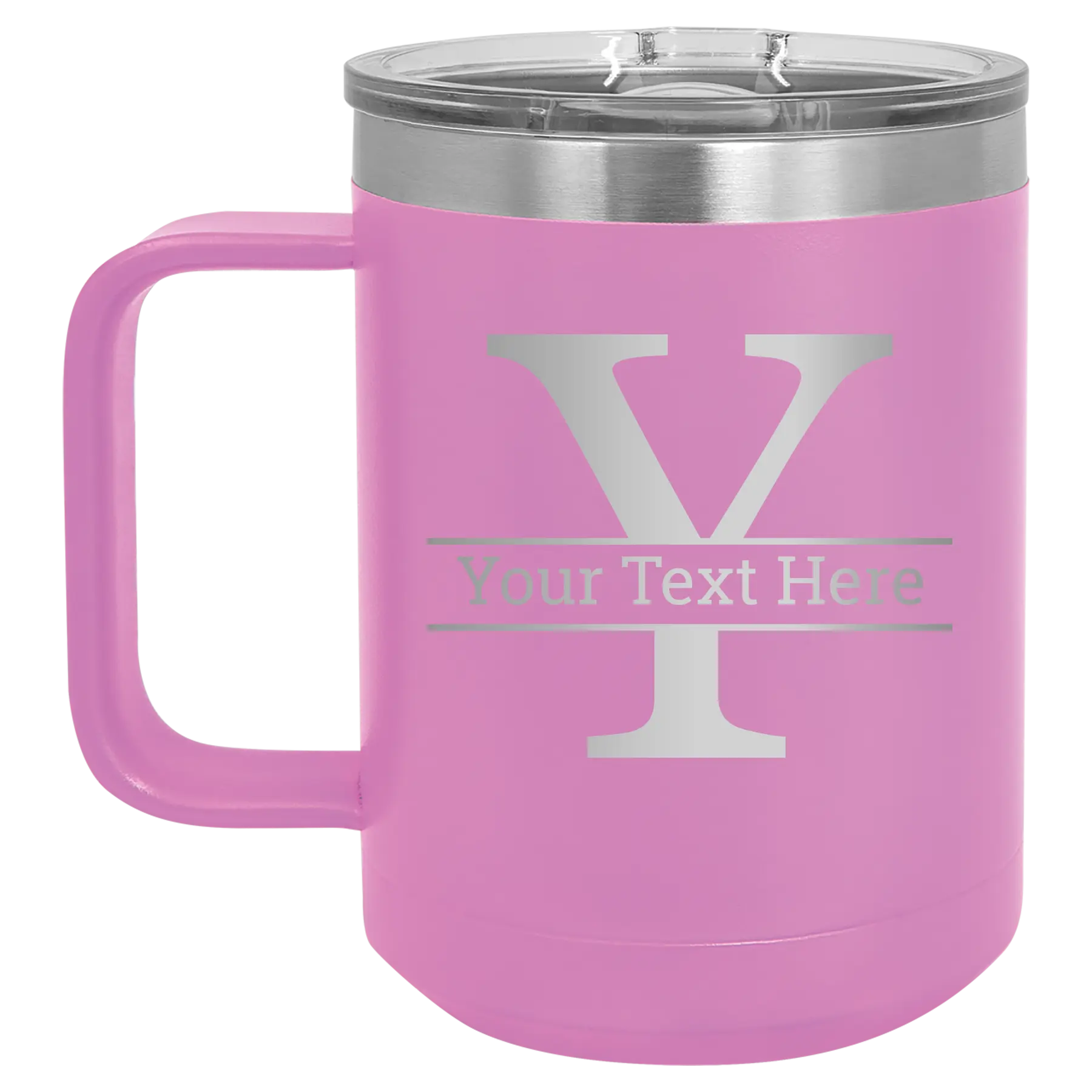Personalized light purple 15 oz vacuum insulated coffee mug with 'Monogram letter Y' design