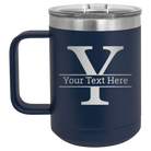 Personalized navy 15 oz vacuum insulated coffee mug with 'Monogram letter Y' design