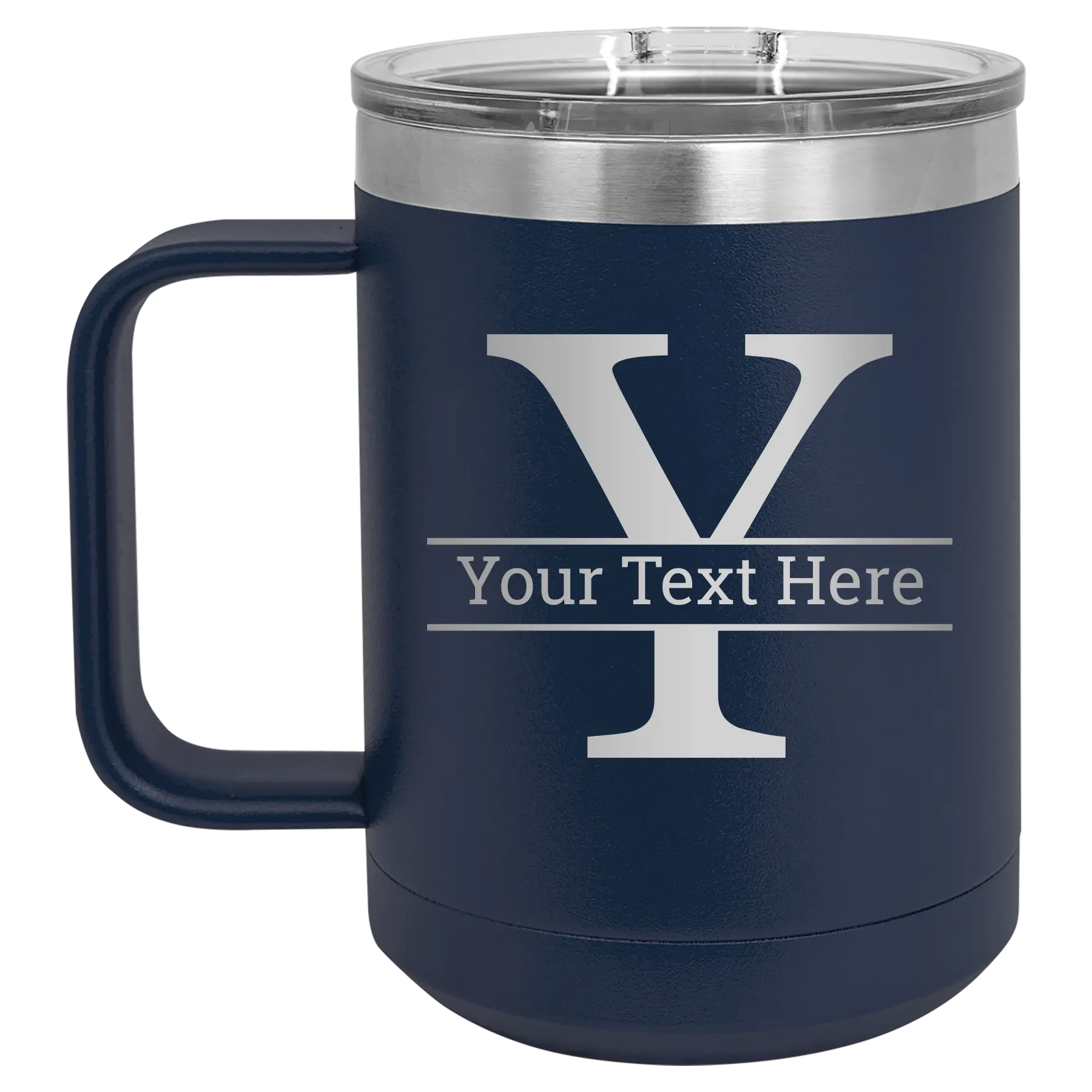Personalized navy 15 oz vacuum insulated coffee mug with 'Monogram letter Y' design