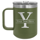 Personalized olive green 15 oz vacuum insulated coffee mug with 'Monogram letter Y' design
