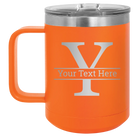 Personalized orange 15 oz vacuum insulated coffee mug with 'Monogram letter Y' design