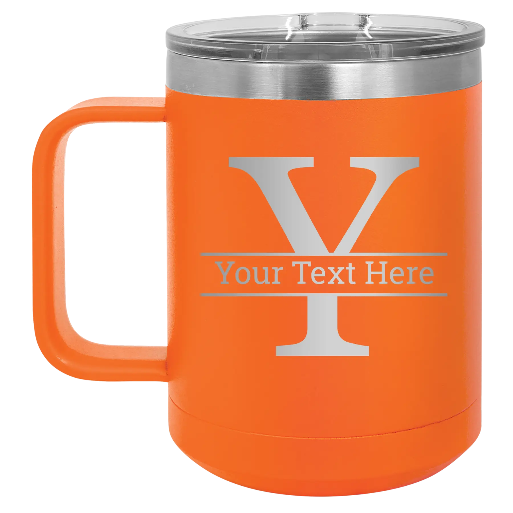 Personalized orange 15 oz vacuum insulated coffee mug with 'Monogram letter Y' design