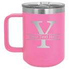 Personalized pink 15 oz vacuum insulated coffee mug with 'Monogram letter Y' design