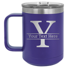 Personalized purple 15 oz vacuum insulated coffee mug with 'Monogram letter Y' design