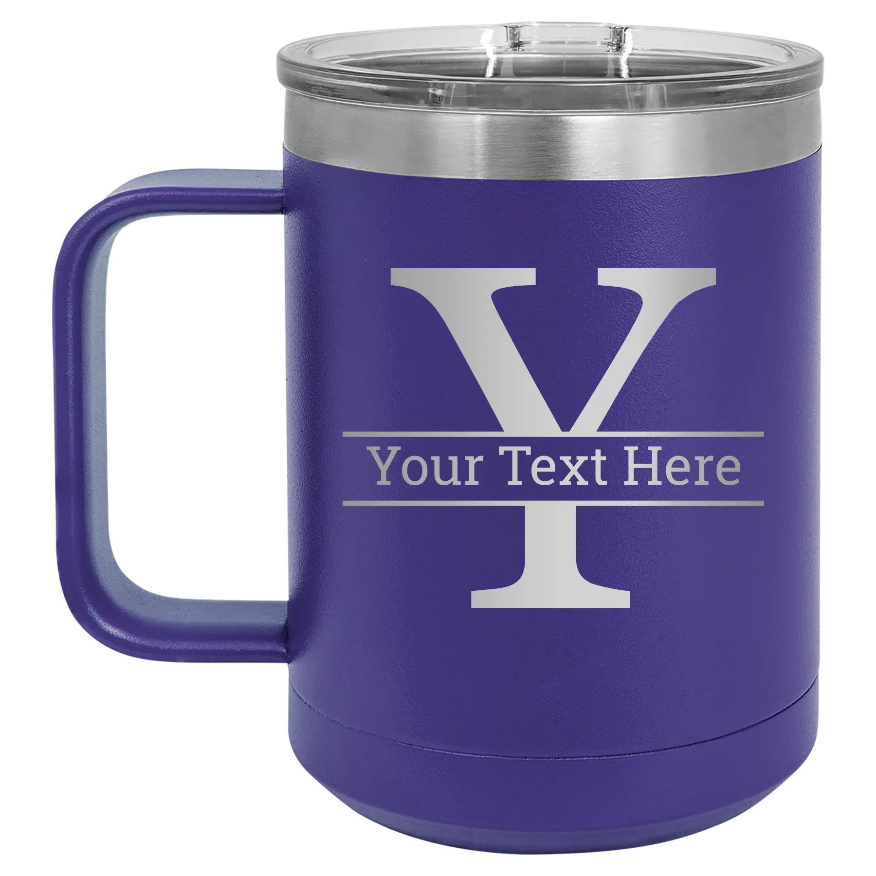 Personalized purple 15 oz vacuum insulated coffee mug with 'Monogram letter Y' design