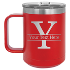 Personalized red 15 oz vacuum insulated coffee mug with 'Monogram letter Y' design