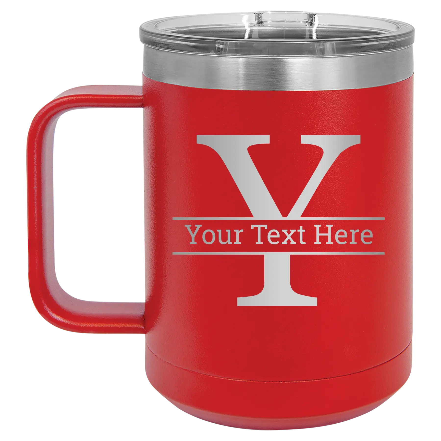 Personalized red 15 oz vacuum insulated coffee mug with 'Monogram letter Y' design