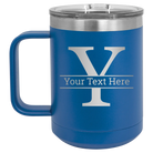 Personalized royal blue 15 oz vacuum insulated coffee mug with 'Monogram letter Y' design