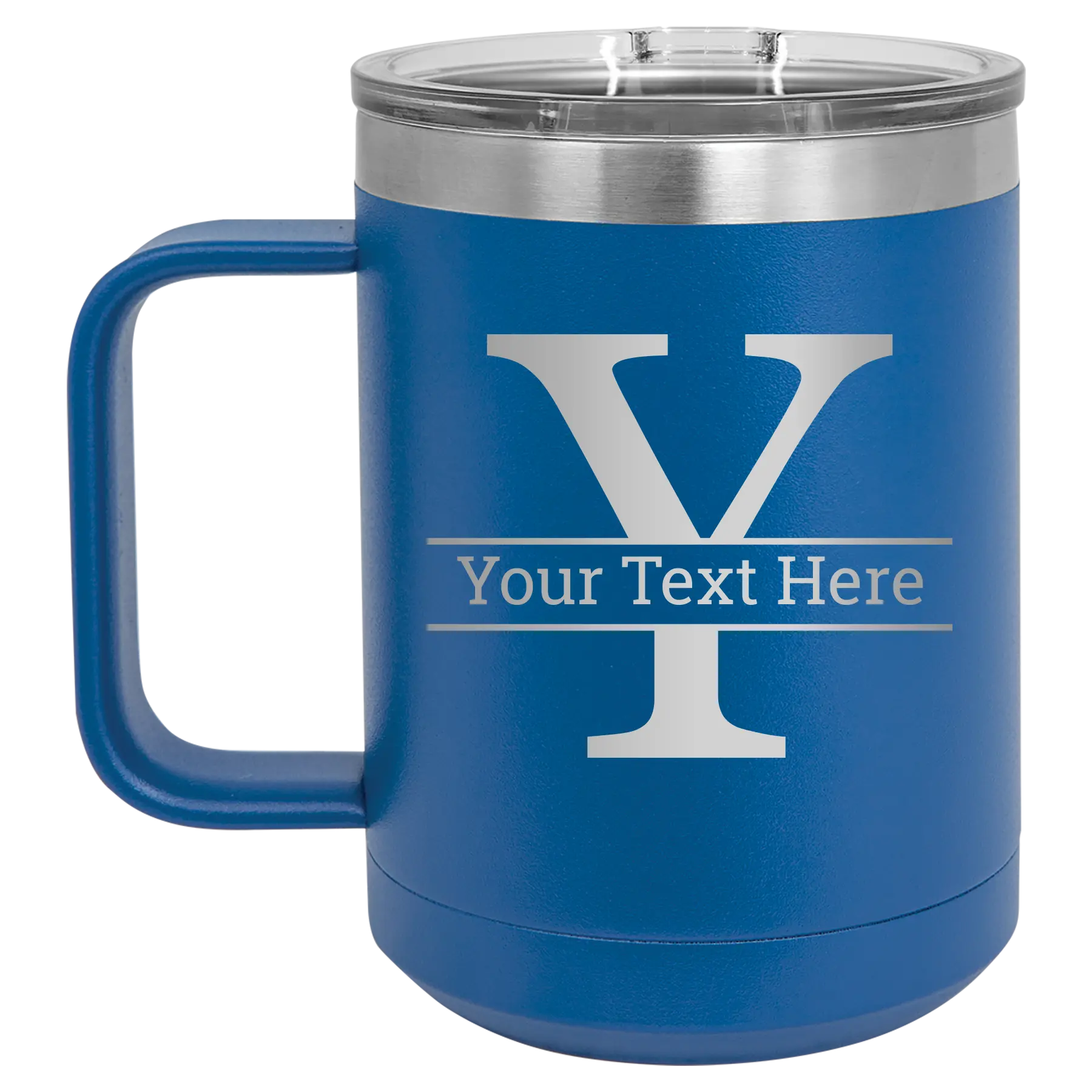Personalized royal blue 15 oz vacuum insulated coffee mug with 'Monogram letter Y' design