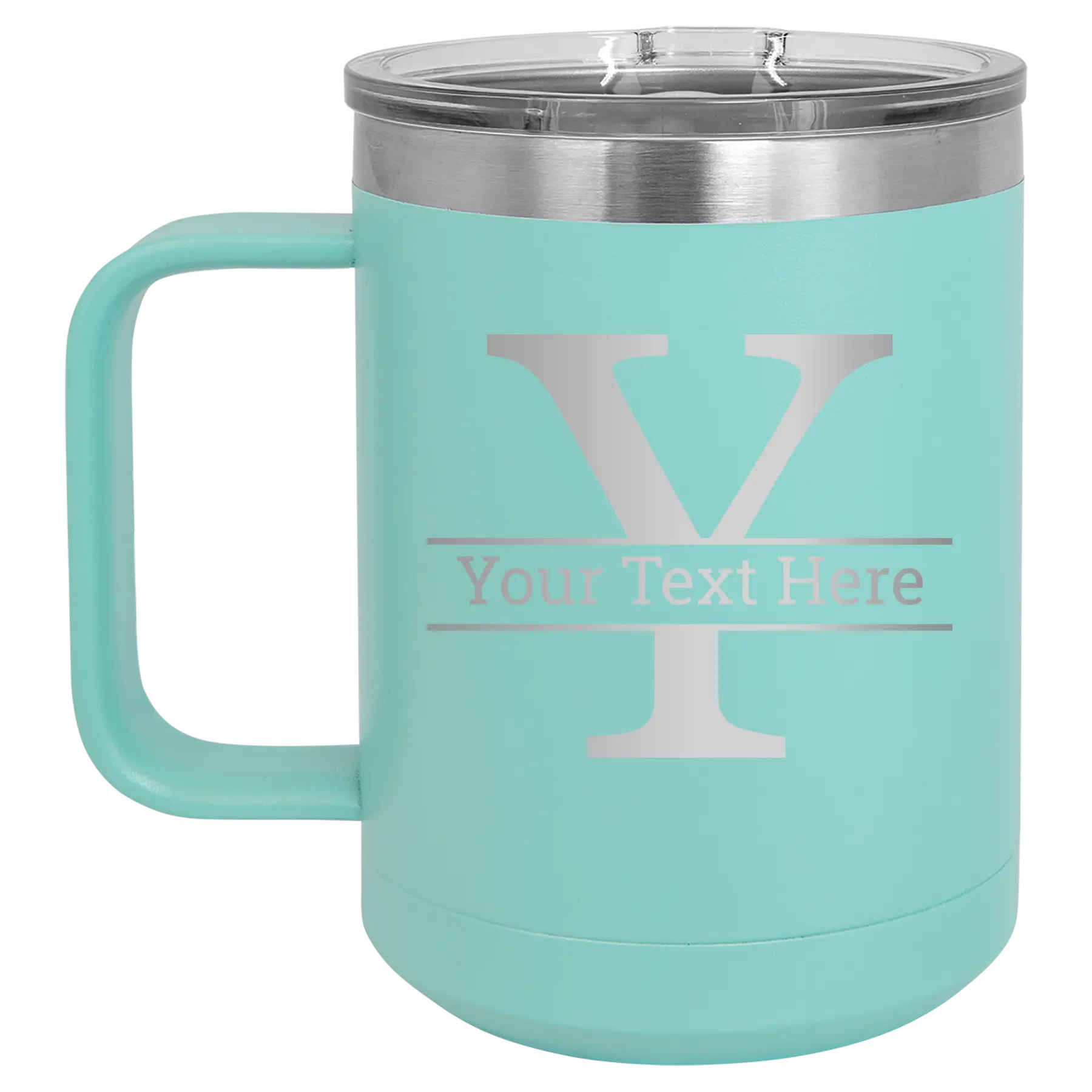 Personalized teal 15 oz vacuum insulated coffee mug with 'Monogram letter Y' design