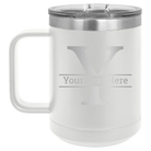 Personalized white 15 oz vacuum insulated coffee mug with 'Monogram letter Y' design