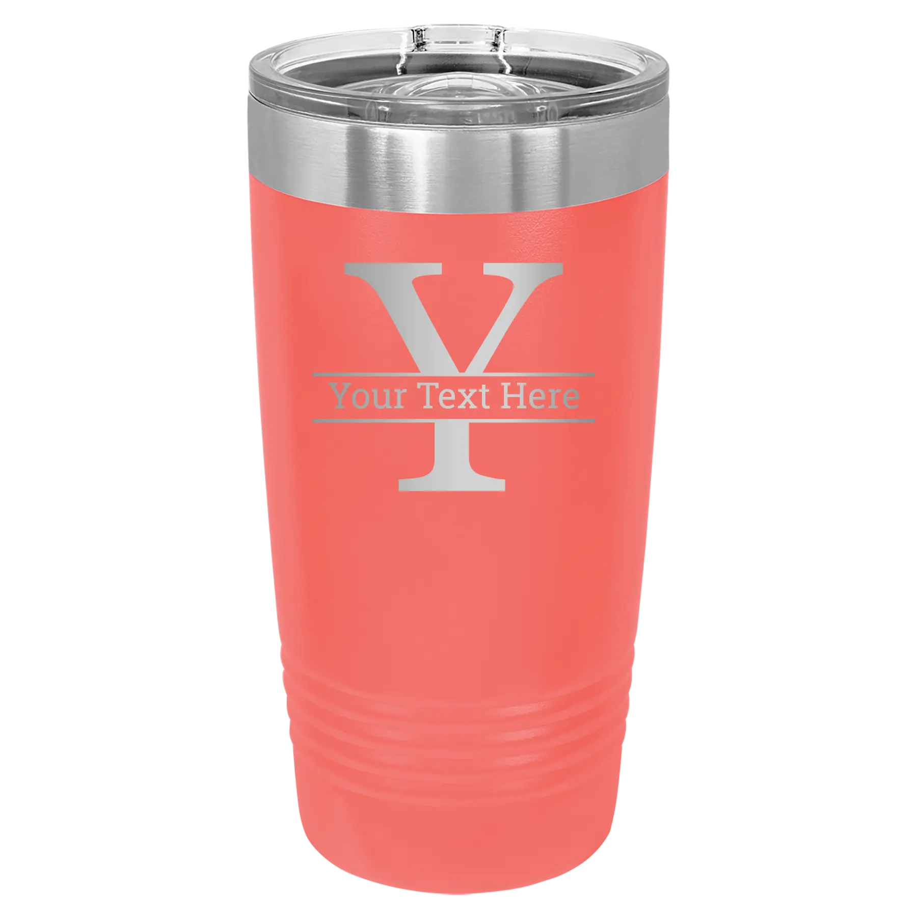 Personalized coral 20 oz vacuum insulated tumbler with 'Monogram letter Y' design