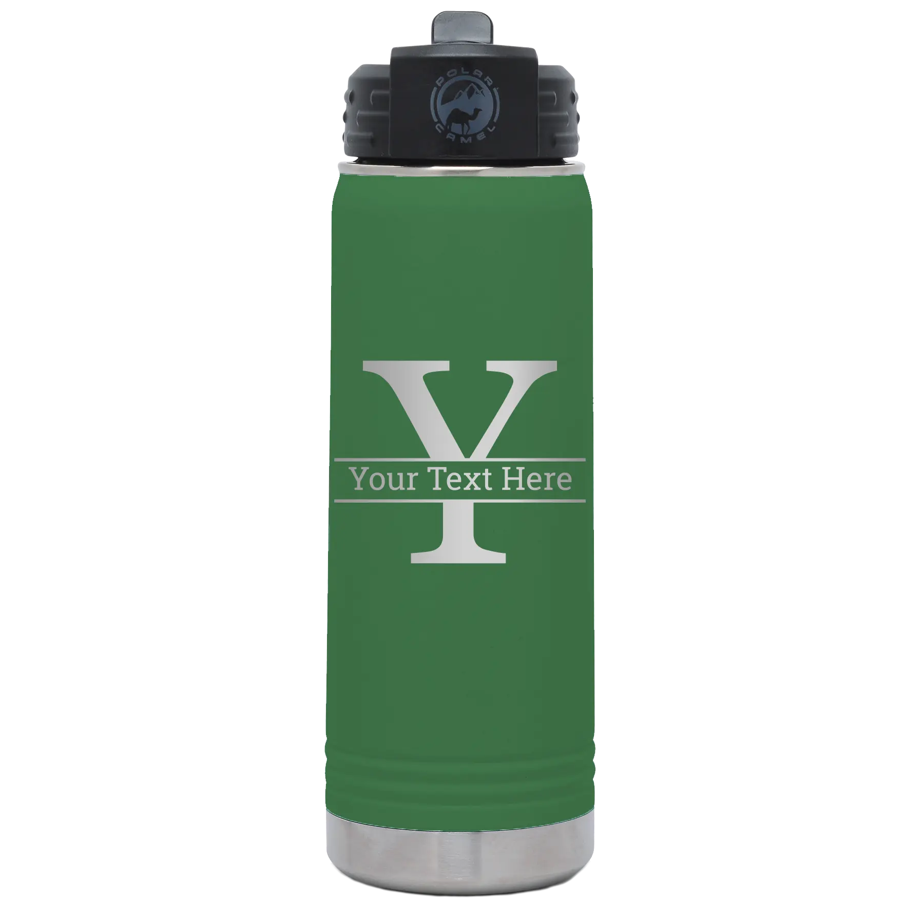 Personalized green 20 oz vacuum insulated water bottle with 'Monogram letter Y' design