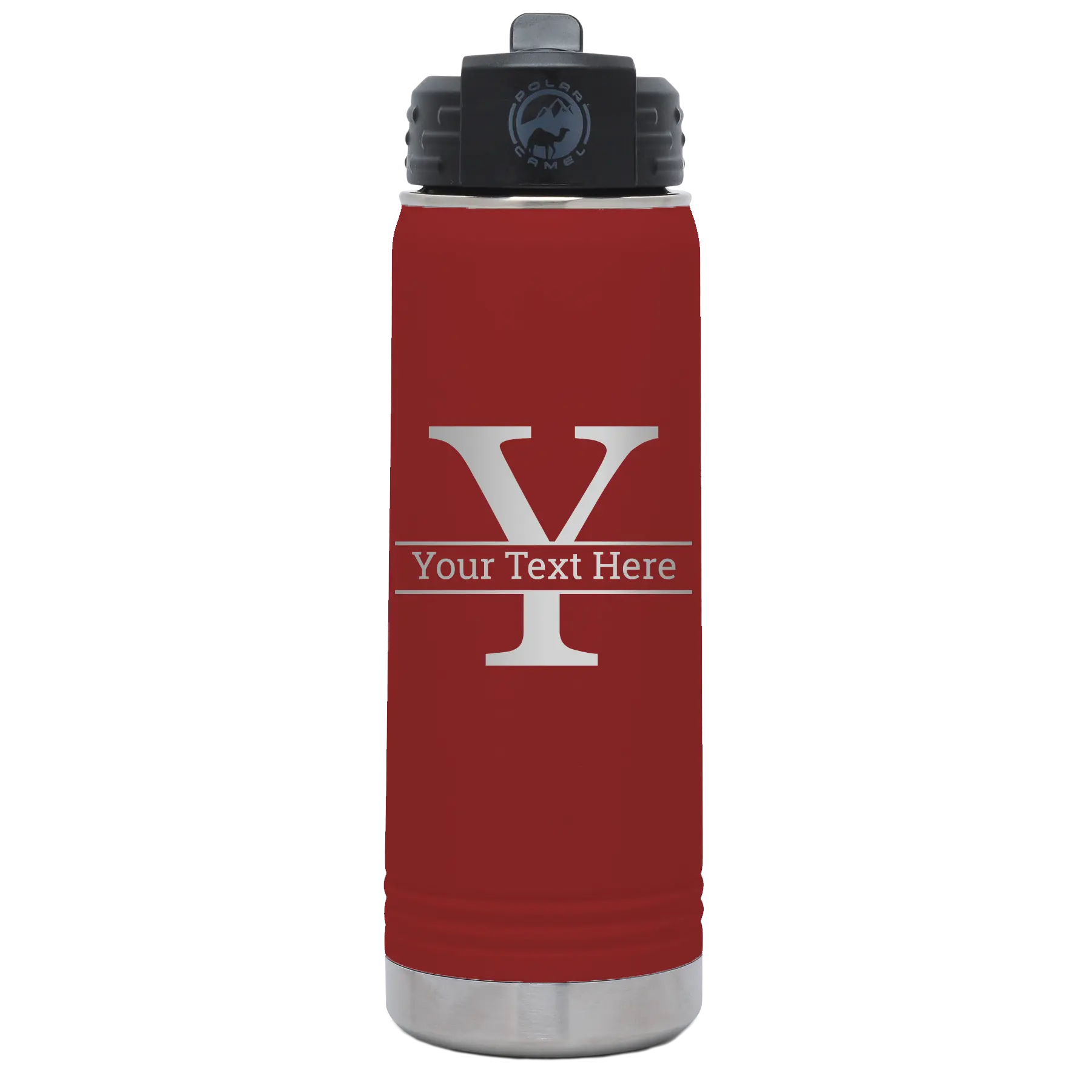 Personalized maroon 20 oz vacuum insulated water bottle with 'Monogram letter Y' design