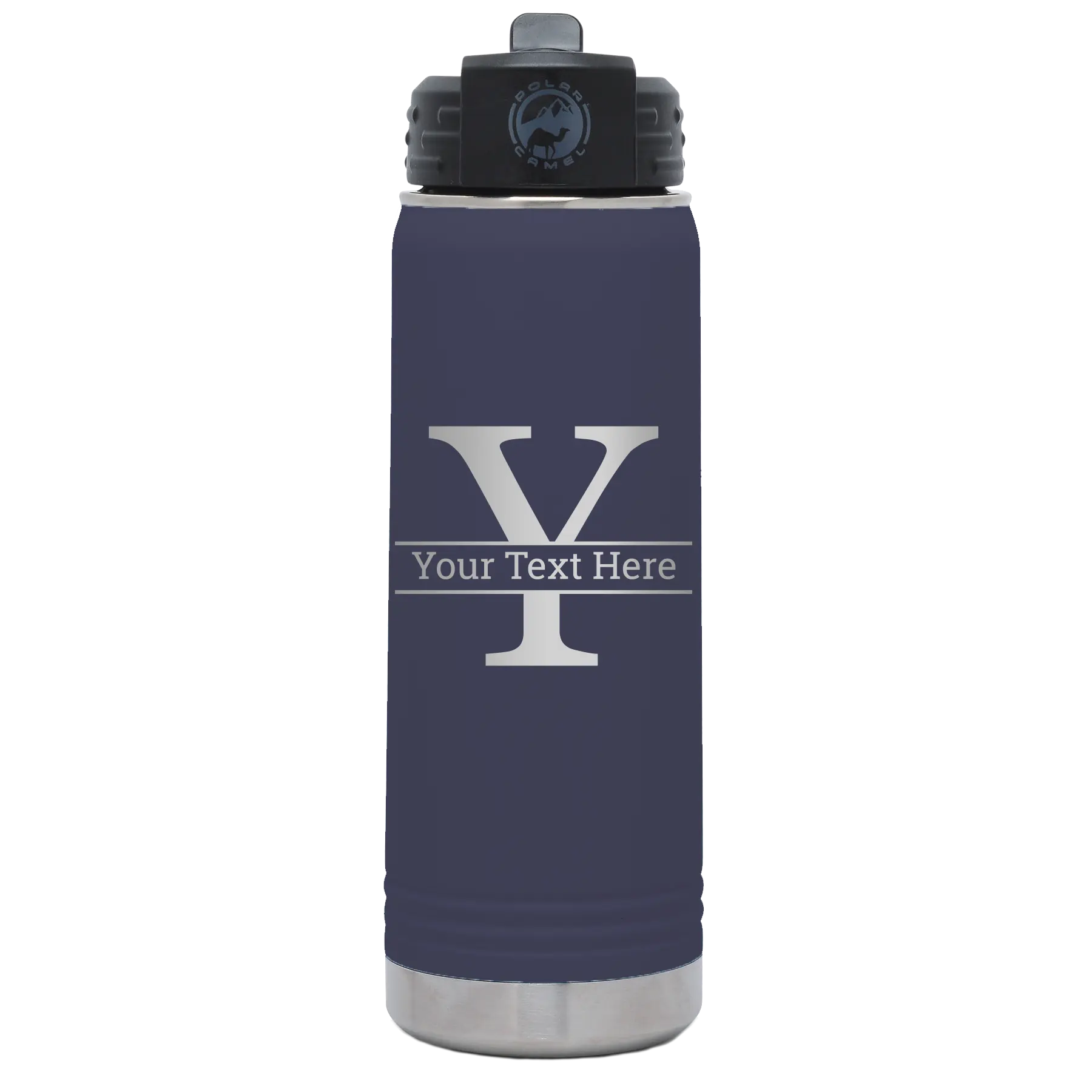 Personalized navy 20 oz vacuum insulated water bottle with 'Monogram letter Y' design