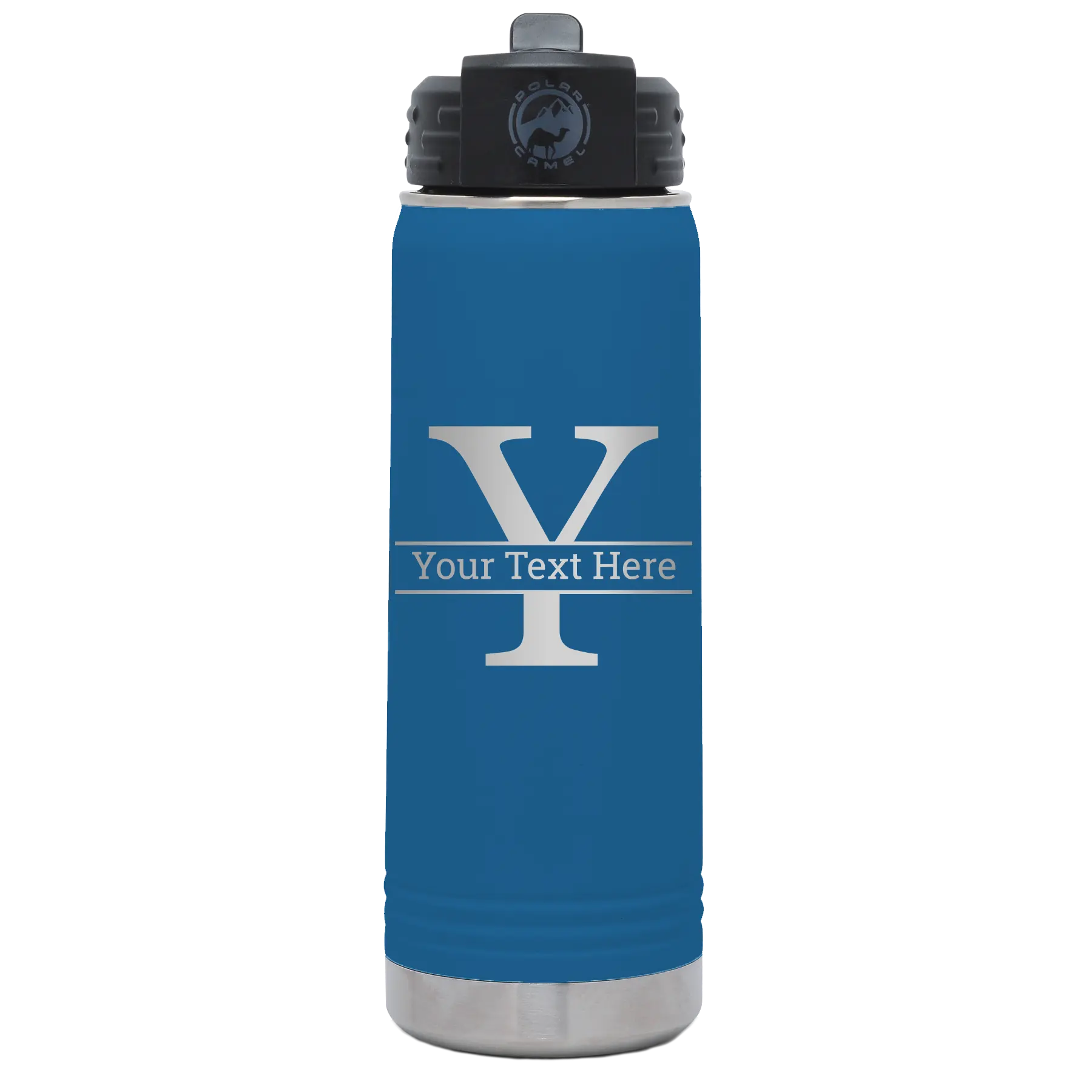 Personalized royal blue 20 oz vacuum insulated water bottle with 'Monogram letter Y' design