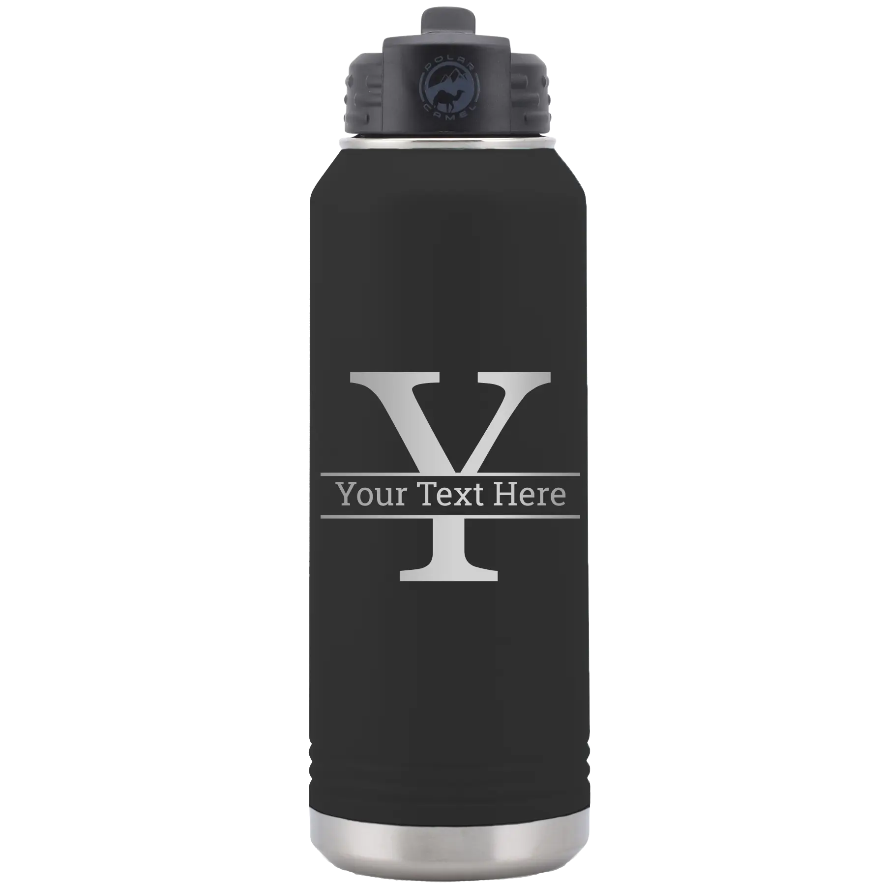 Personalized black 32 oz vacuum insulated water bottle with 'Monogram letter Y' design