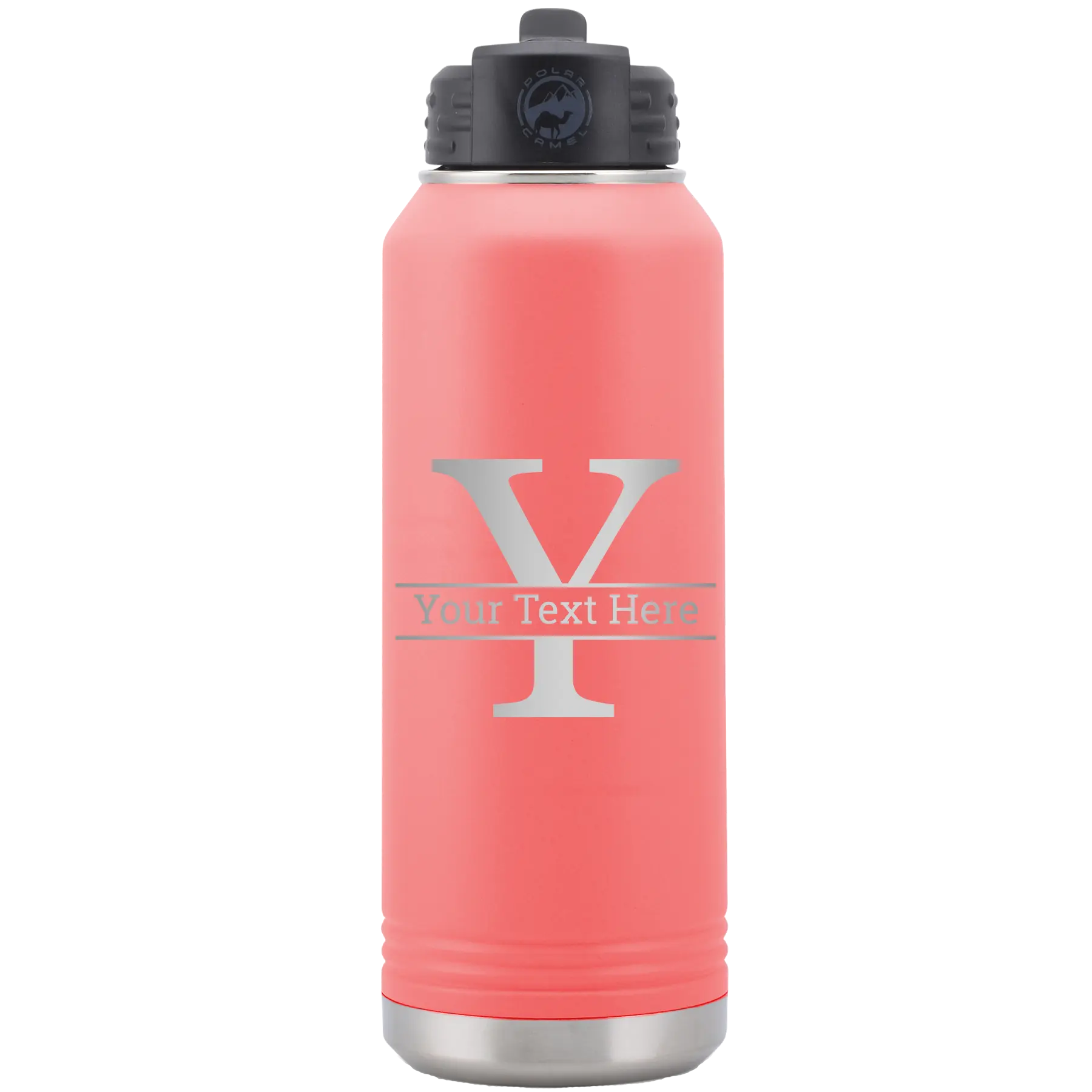 Personalized coral 32 oz vacuum insulated water bottle with 'Monogram letter Y' design