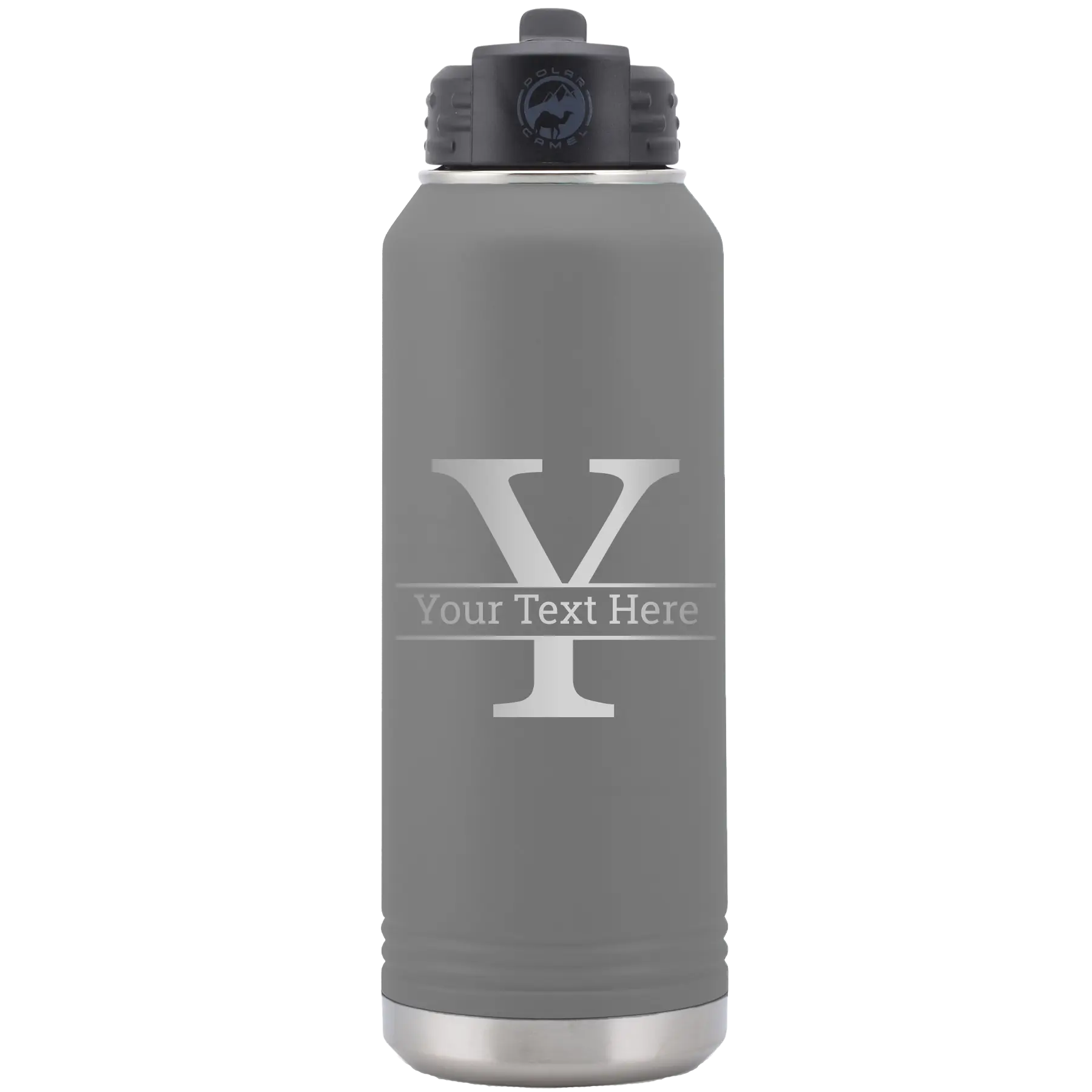 Personalized dark gray 32 oz vacuum insulated water bottle with 'Monogram letter Y' design