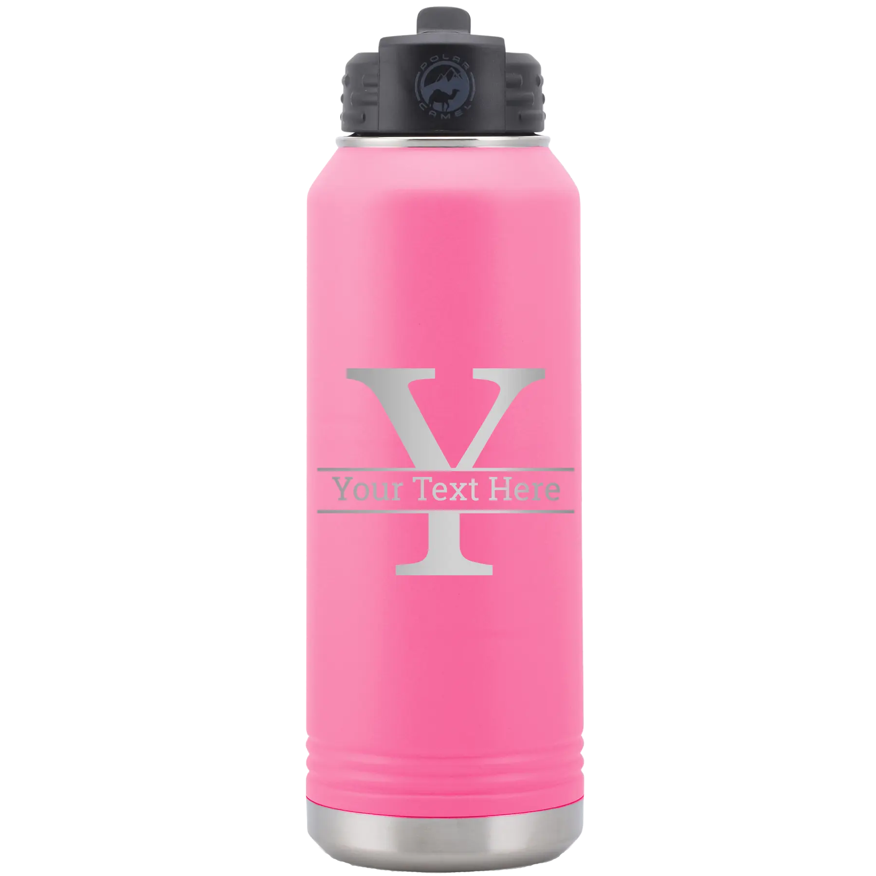 Personalized pink 32 oz vacuum insulated water bottle with 'Monogram letter Y' design