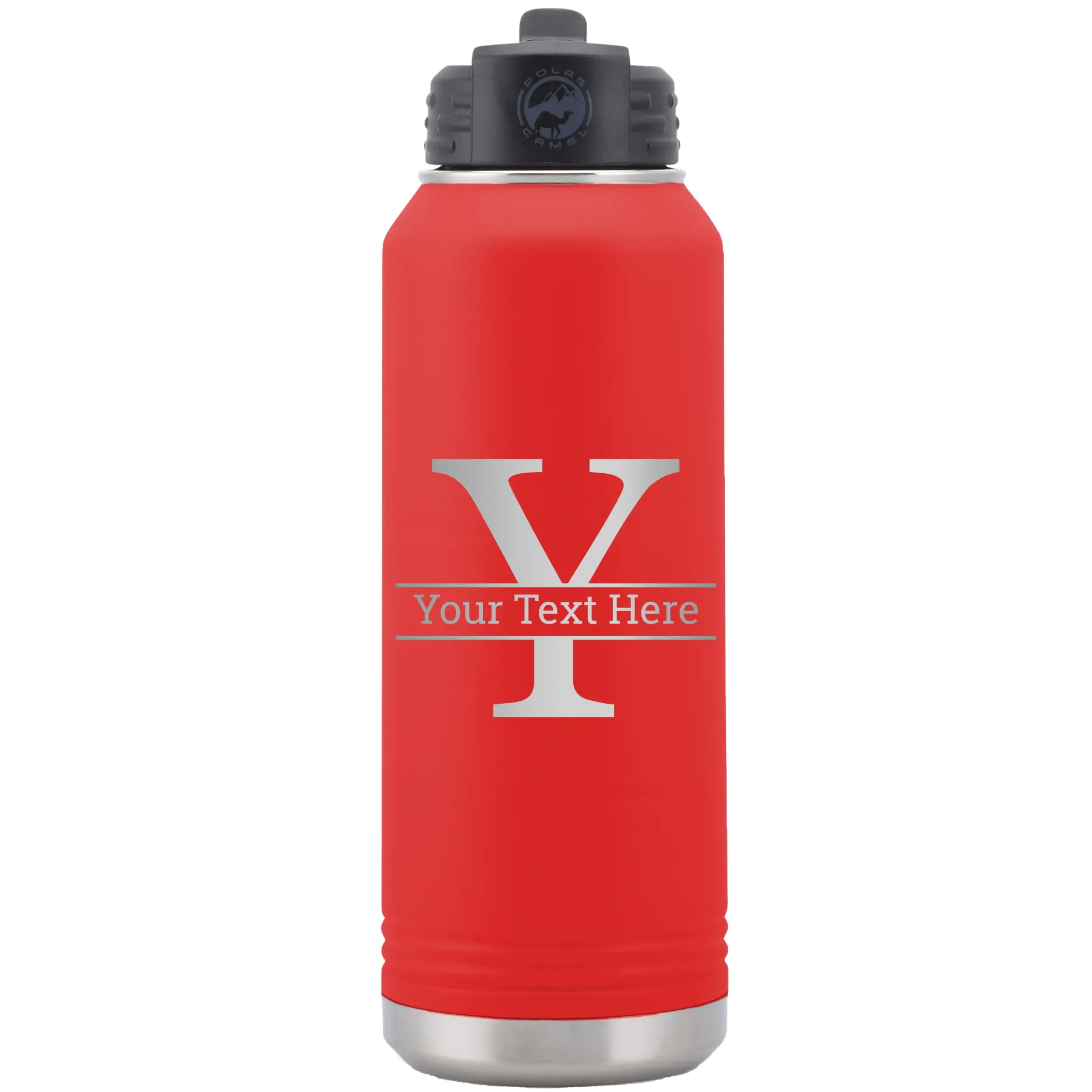 Personalized red 32 oz vacuum insulated water bottle with 'Monogram letter Y' design