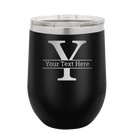 Personalized black 12 oz vacuum insulated wine cup with 'Monogram letter Y' design