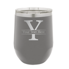 Personalized dark gray 12 oz vacuum insulated wine cup with 'Monogram letter Y' design
