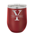 Personalized maroon 12 oz vacuum insulated wine cup with 'Monogram letter Y' design