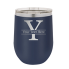 Personalized navy 12 oz vacuum insulated wine cup with 'Monogram letter Y' design