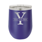 Personalized purple 12 oz vacuum insulated wine cup with 'Monogram letter Y' design