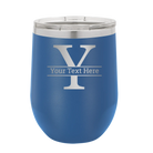 Personalized royal blue 12 oz vacuum insulated wine cup with 'Monogram letter Y' design