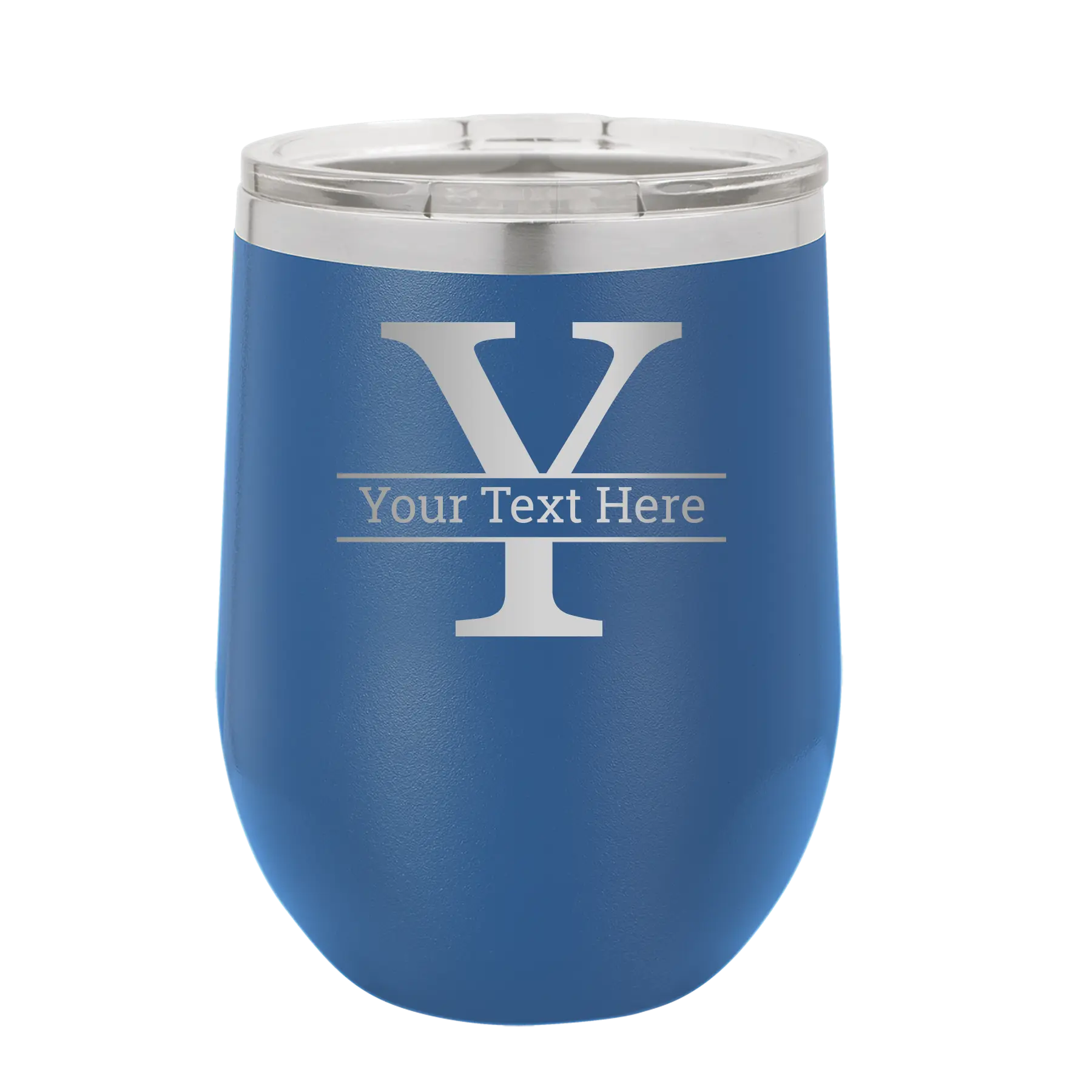 Personalized royal blue 12 oz vacuum insulated wine cup with 'Monogram letter Y' design
