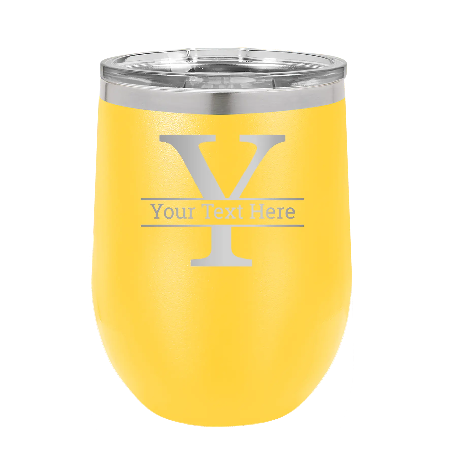 Personalized yellow 12 oz vacuum insulated wine cup with 'Monogram letter Y' design