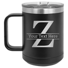 Personalized black 15 oz vacuum insulated coffee mug with 'Monogram letter Z' design